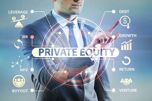 Image of stylised man in suit pressing glass interface with private equity text and icons